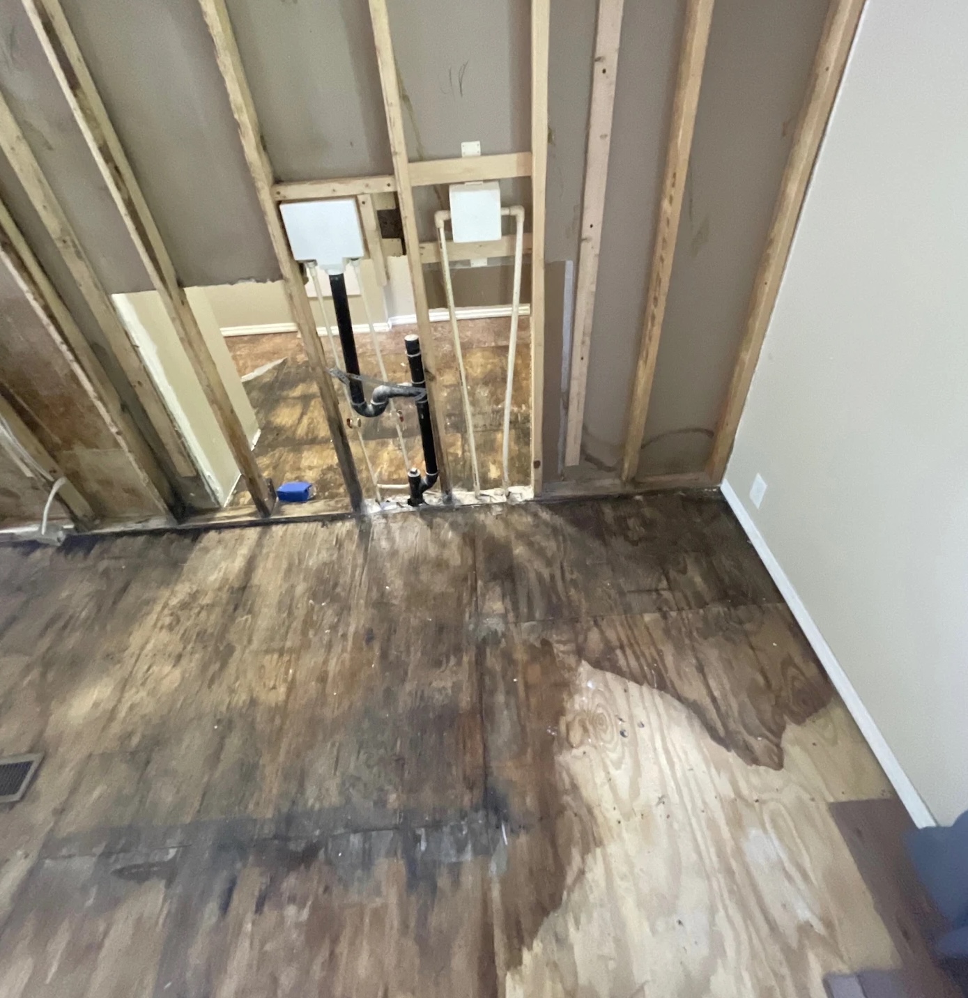 Exposed subfloor and wall studs after water damage extraction in Las Vegas