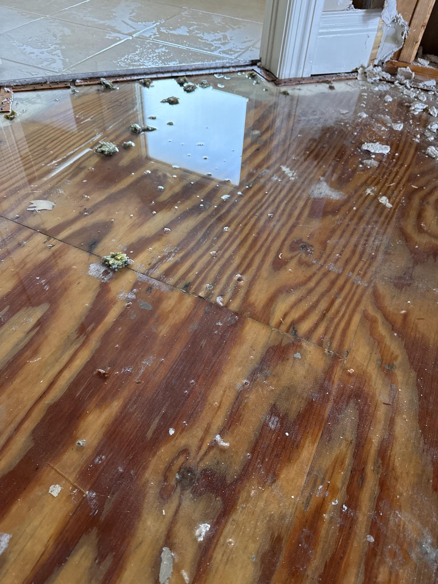 Standing water and damage on wood subfloor from storm intrusion in Las Vegas