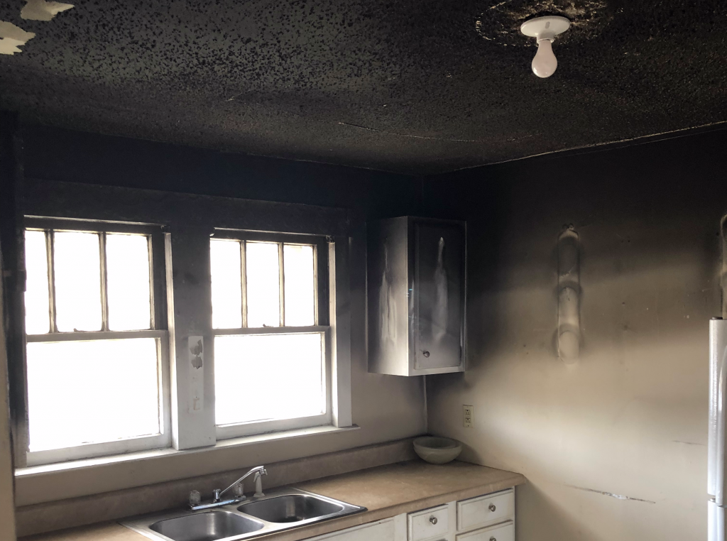 Heavy smoke and soot damage in a Las Vegas kitchen after a fire