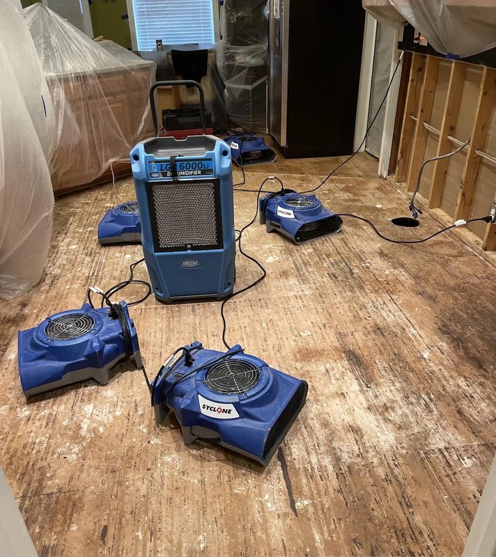 IICRC certified technician drying cabinet base with air mover and dehumidifier in a Las Vegas kitchen.